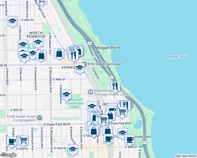 map of restaurants, bars, coffee shops, grocery stores, and more near 4800 South Cornell Avenue in Chicago
