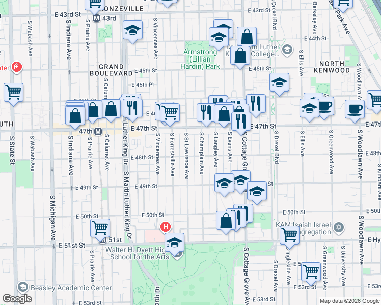 map of restaurants, bars, coffee shops, grocery stores, and more near 4750 South Champlain Avenue in Chicago