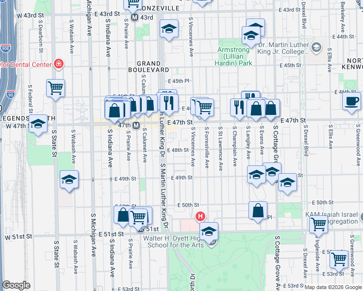 map of restaurants, bars, coffee shops, grocery stores, and more near 434 East 48th Street in Chicago