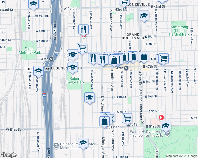 map of restaurants, bars, coffee shops, grocery stores, and more near 4743 South Wabash Avenue in Chicago