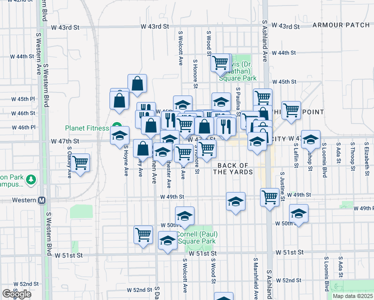 map of restaurants, bars, coffee shops, grocery stores, and more near 4717 South Wolcott Avenue in Chicago