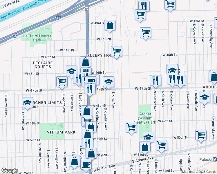 map of restaurants, bars, coffee shops, grocery stores, and more near 4655 South Knox Avenue in Chicago