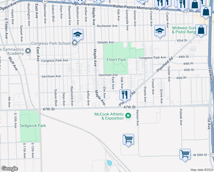 map of restaurants, bars, coffee shops, grocery stores, and more near 4528 Park Avenue in Brookfield
