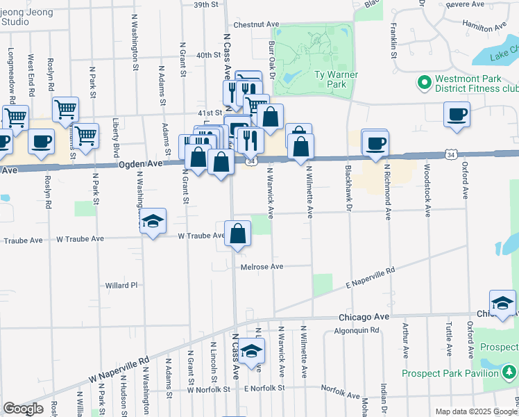 map of restaurants, bars, coffee shops, grocery stores, and more near 507 North Warwick Avenue in Westmont