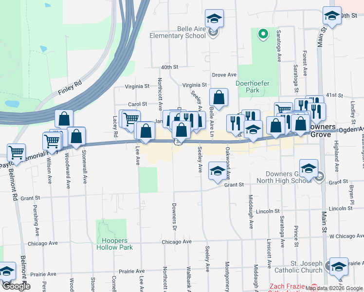 map of restaurants, bars, coffee shops, grocery stores, and more near 1517 U.S. 34 in Downers Grove