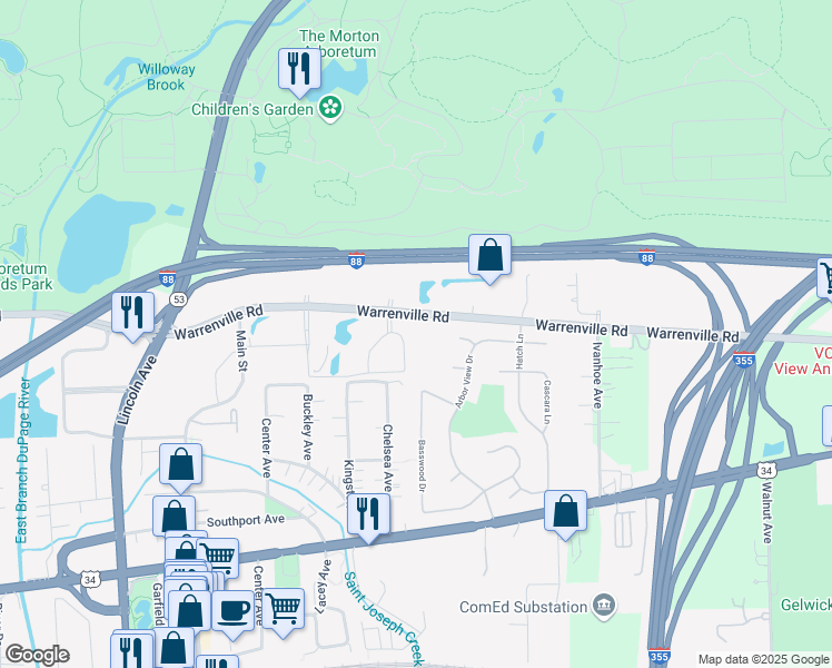 map of restaurants, bars, coffee shops, grocery stores, and more near 701 Warrenville Road in Lisle