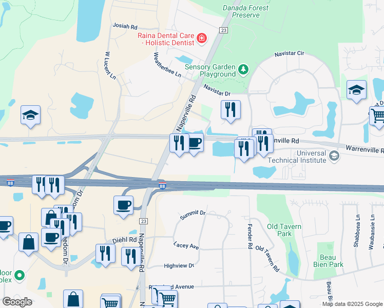 map of restaurants, bars, coffee shops, grocery stores, and more near 3333 East Warrenville Road in Naperville