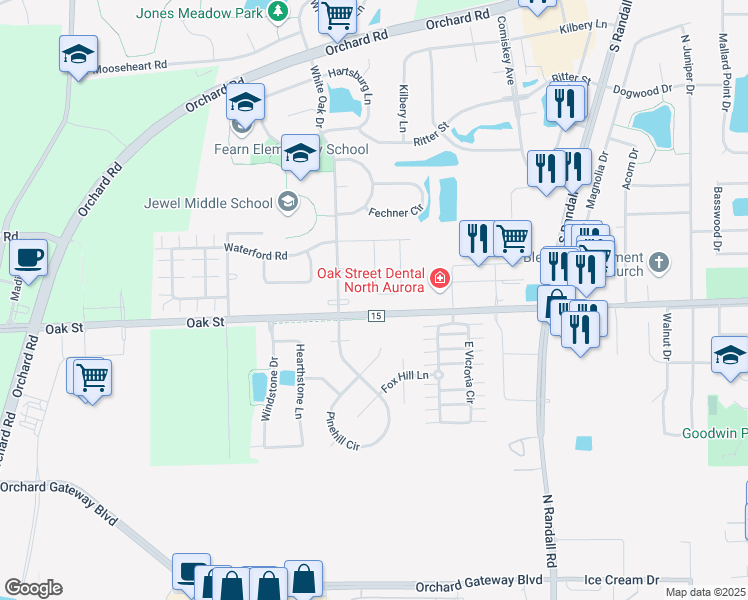 map of restaurants, bars, coffee shops, grocery stores, and more near 1396 Oakland Circle in North Aurora