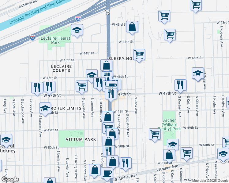 map of restaurants, bars, coffee shops, grocery stores, and more near 4744 West 47th Street in Chicago