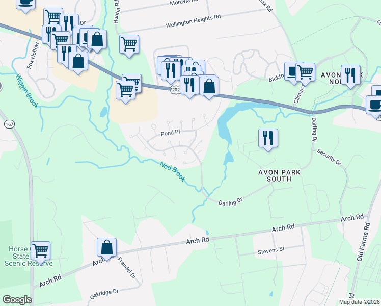 map of restaurants, bars, coffee shops, grocery stores, and more near 8 Pond Circle in Avon