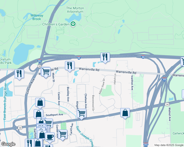 map of restaurants, bars, coffee shops, grocery stores, and more near 701 Warrenville Road in Lisle