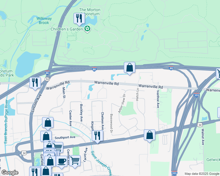 map of restaurants, bars, coffee shops, grocery stores, and more near 701 Warrenville Road in Lisle