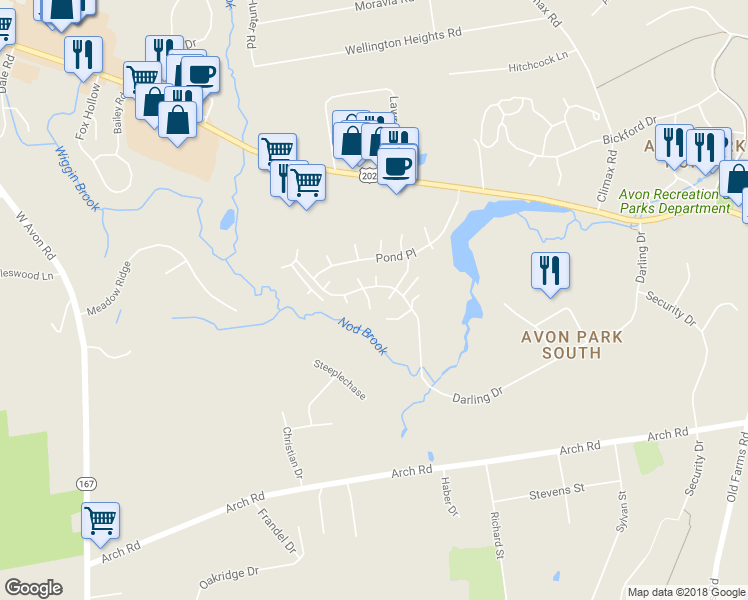 map of restaurants, bars, coffee shops, grocery stores, and more near 11 Laurel Lane in Avon