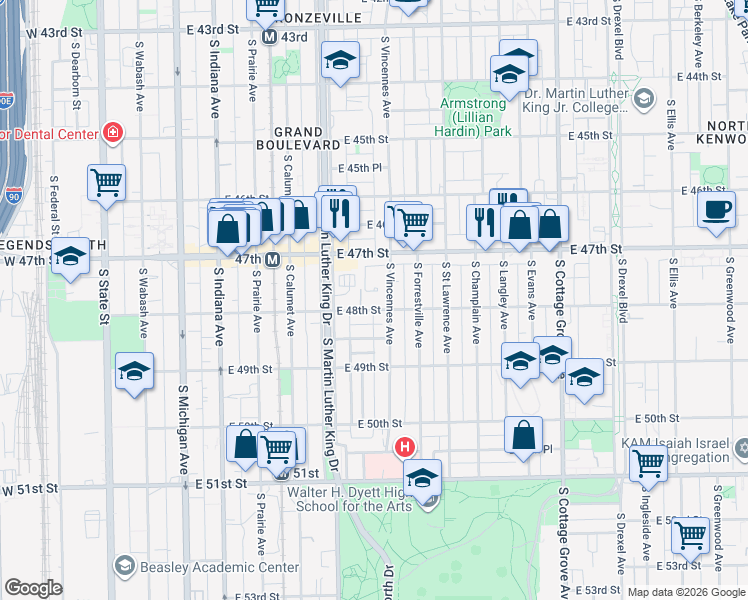 map of restaurants, bars, coffee shops, grocery stores, and more near 434 East 48th Street in Chicago