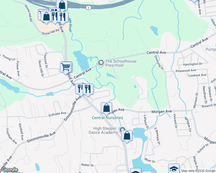map of restaurants, bars, coffee shops, grocery stores, and more near 34 Rotary Drive in Johnston