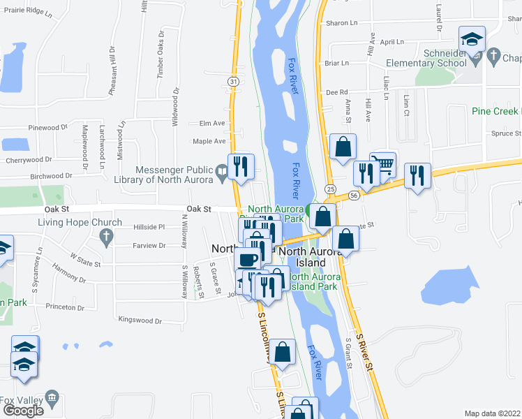 map of restaurants, bars, coffee shops, grocery stores, and more near 40 Monroe St in North Aurora