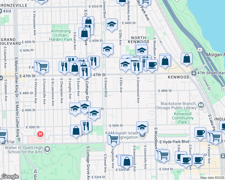 map of restaurants, bars, coffee shops, grocery stores, and more near 922 East 48th Street in Chicago