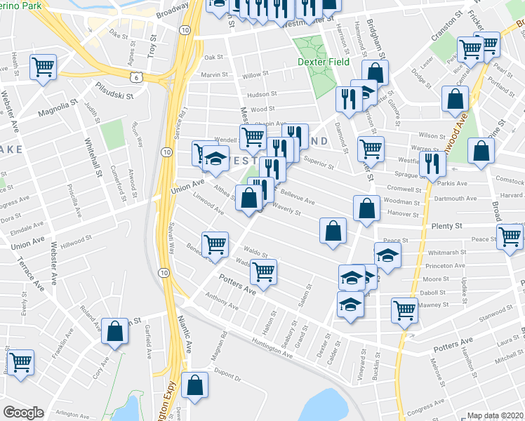 map of restaurants, bars, coffee shops, grocery stores, and more near 576 Cranston Street in Providence