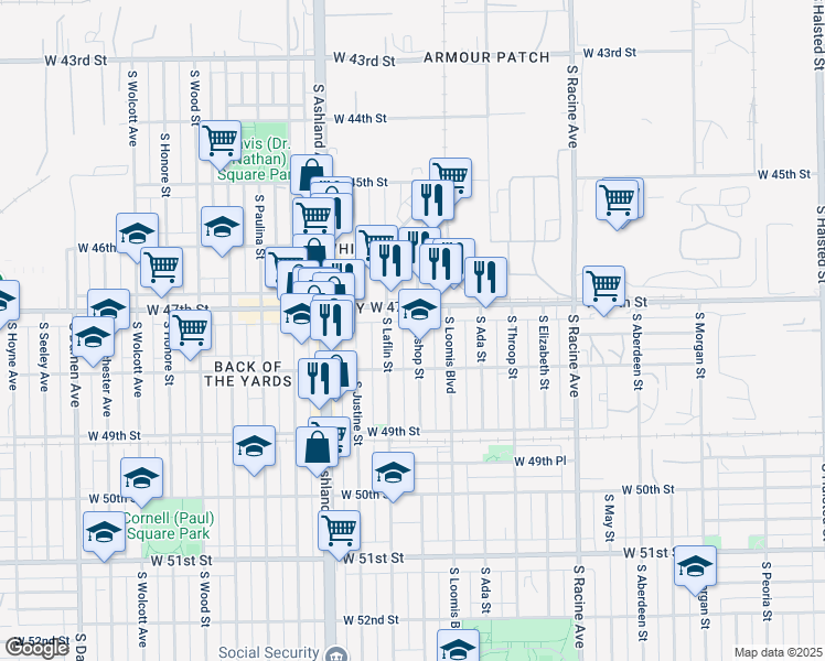 map of restaurants, bars, coffee shops, grocery stores, and more near 4722 South Bishop Street in Chicago