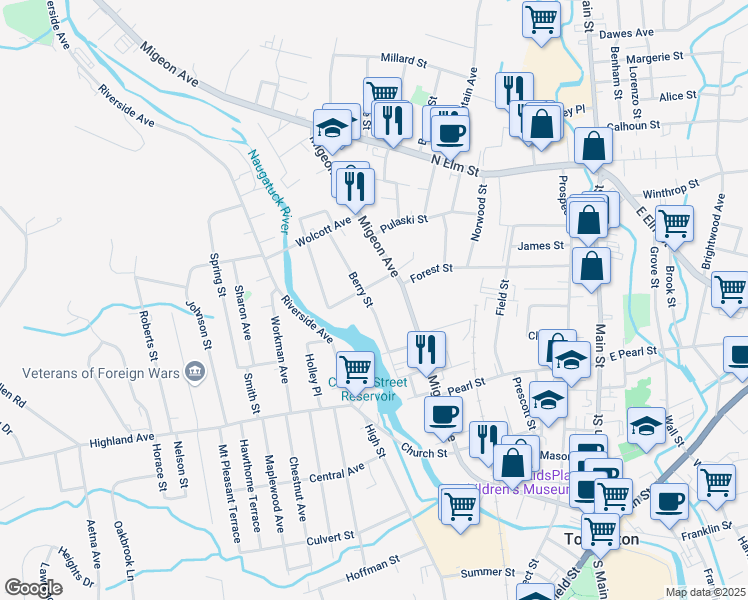 map of restaurants, bars, coffee shops, grocery stores, and more near 72 Berry Street in Torrington
