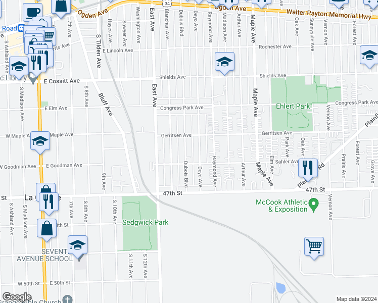 map of restaurants, bars, coffee shops, grocery stores, and more near 4527 Dubois Boulevard in Brookfield