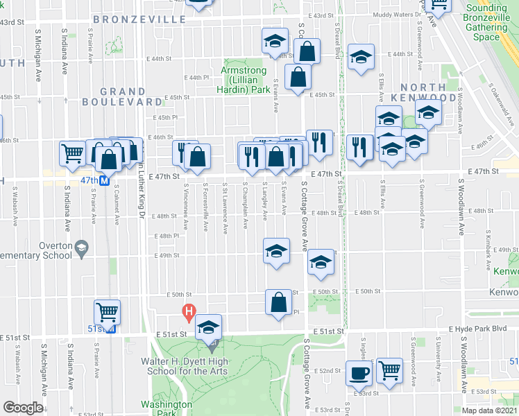 map of restaurants, bars, coffee shops, grocery stores, and more near 4754 South Langley Avenue in Chicago