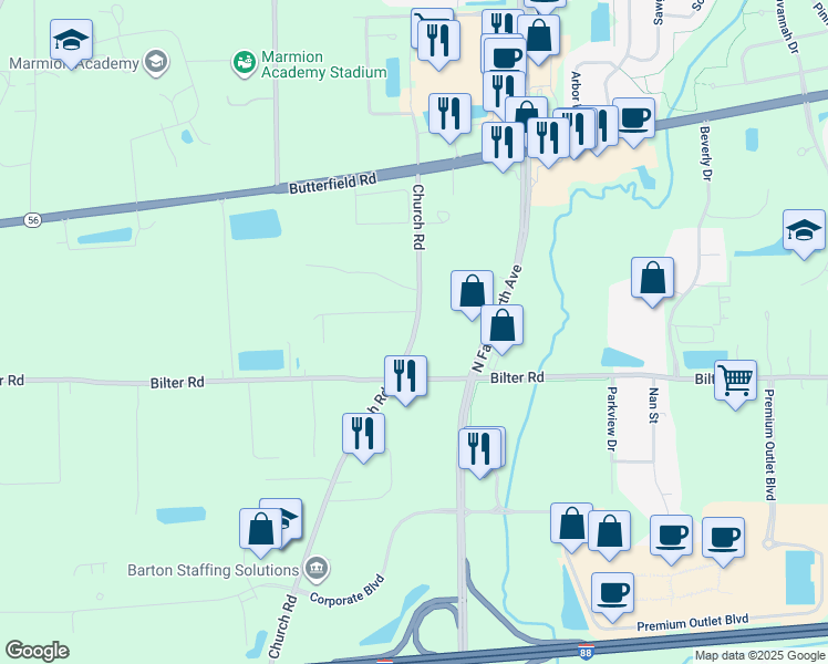 map of restaurants, bars, coffee shops, grocery stores, and more near 2635 Church Road in Aurora