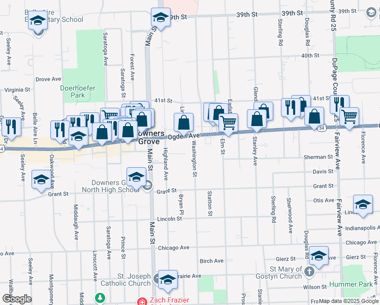 map of restaurants, bars, coffee shops, grocery stores, and more near 908 Highland Court in Downers Grove