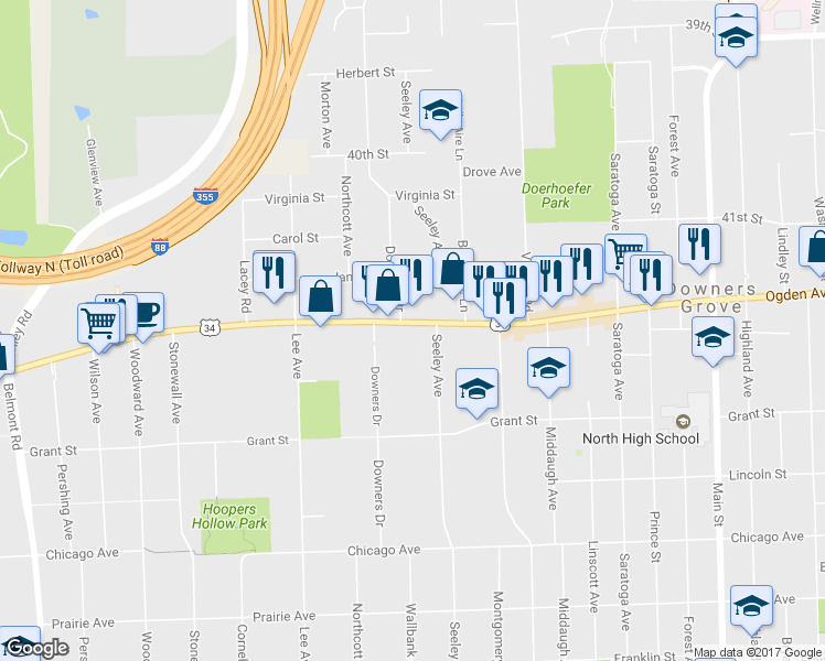 map of restaurants, bars, coffee shops, grocery stores, and more near 1517 U.S. 34 in Downers Grove