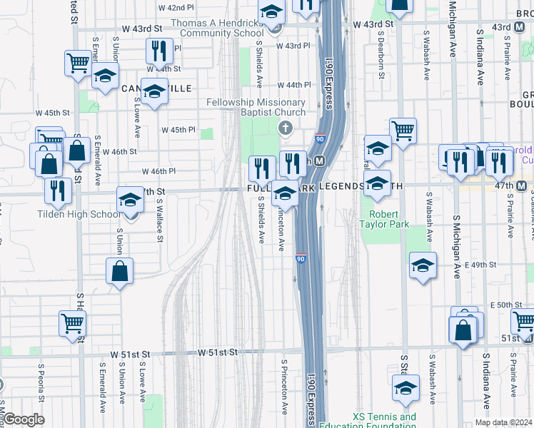 map of restaurants, bars, coffee shops, grocery stores, and more near 4739 South Shields Avenue in Chicago