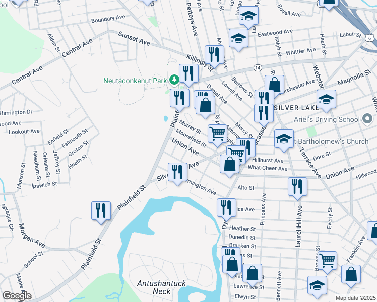 map of restaurants, bars, coffee shops, grocery stores, and more near 684 Union Ave in Providence