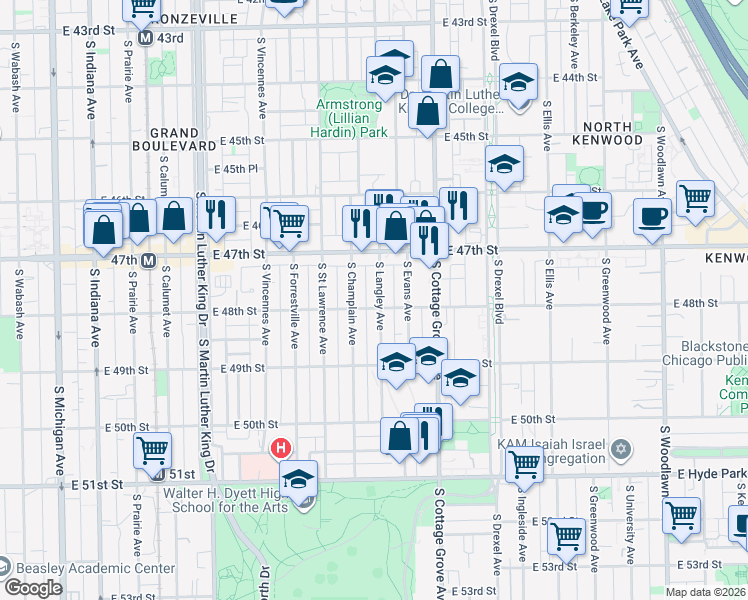 map of restaurants, bars, coffee shops, grocery stores, and more near 4754 South Langley Avenue in Chicago