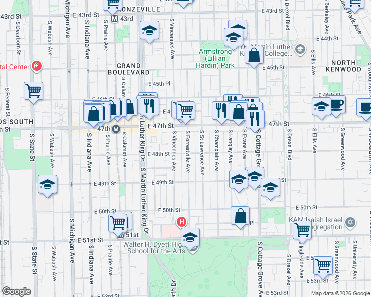 map of restaurants, bars, coffee shops, grocery stores, and more near 4750 South Forrestville Avenue in Chicago