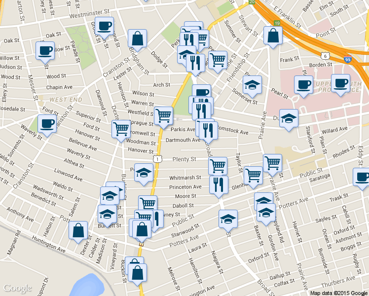 map of restaurants, bars, coffee shops, grocery stores, and more near 123 Wesleyan Avenue in Providence