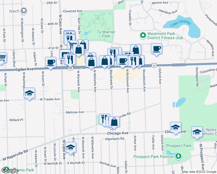 map of restaurants, bars, coffee shops, grocery stores, and more near 222 East Traube Avenue in Westmont