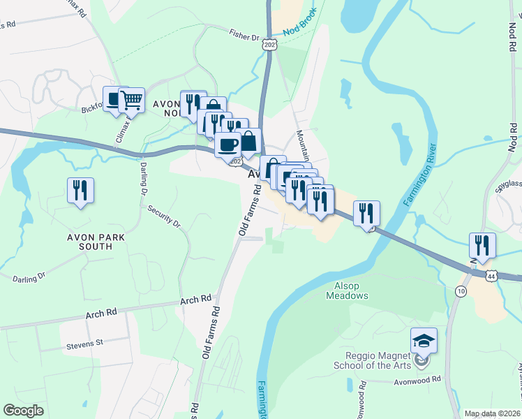map of restaurants, bars, coffee shops, grocery stores, and more near 26 Old Farms Road in Avon