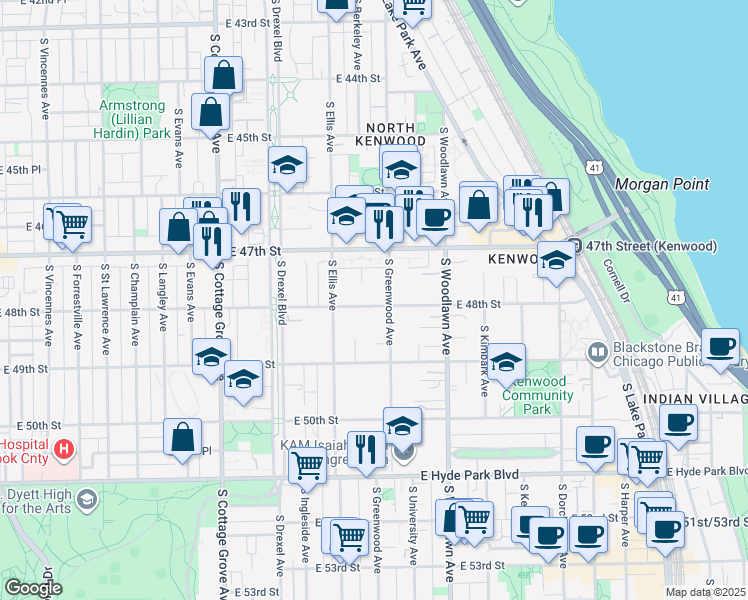 map of restaurants, bars, coffee shops, grocery stores, and more near 1042 East 48th Street in Chicago