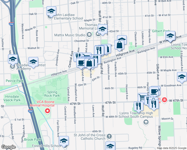 map of restaurants, bars, coffee shops, grocery stores, and more near 4515 Lawn Avenue in Western Springs