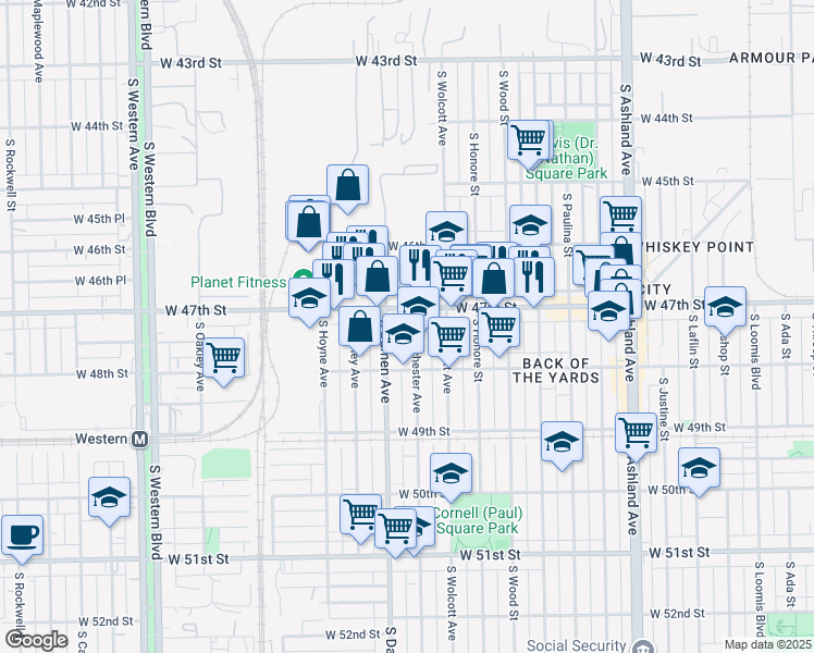 map of restaurants, bars, coffee shops, grocery stores, and more near 4714 South Winchester Avenue in Chicago