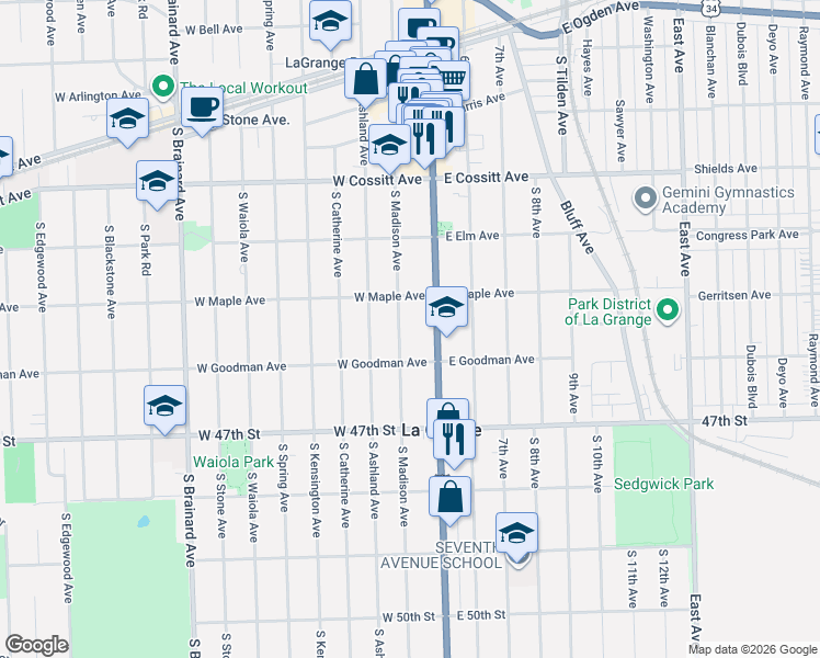 map of restaurants, bars, coffee shops, grocery stores, and more near 325 South Madison Avenue in La Grange