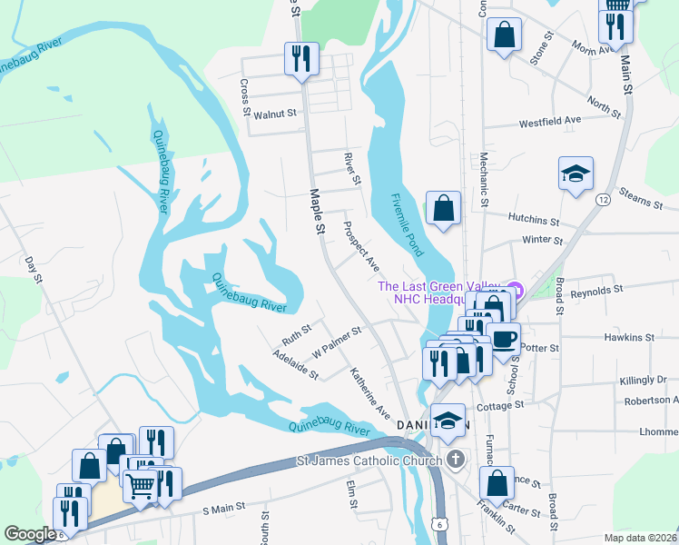 map of restaurants, bars, coffee shops, grocery stores, and more near 176 Maple Street in Killingly