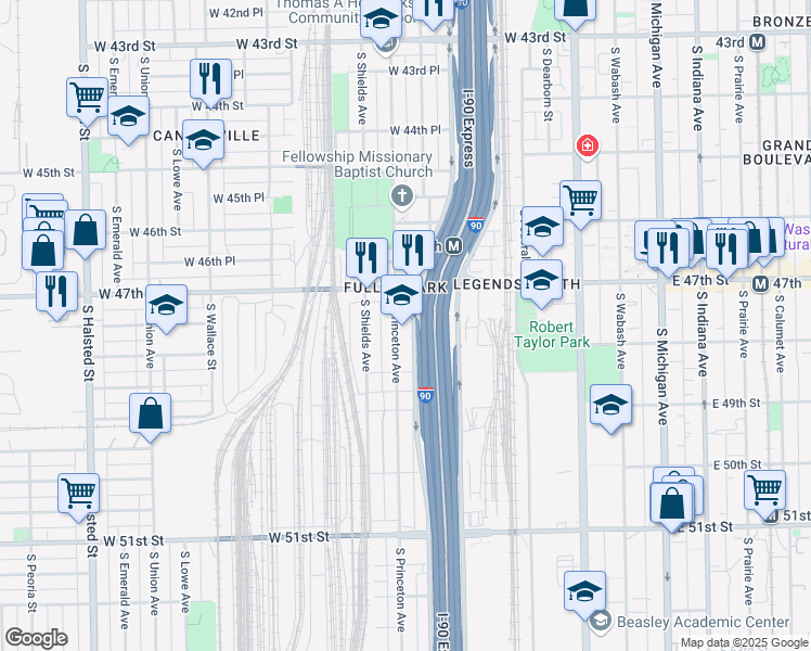 map of restaurants, bars, coffee shops, grocery stores, and more near 4737 S Princeton Ave in Chicago
