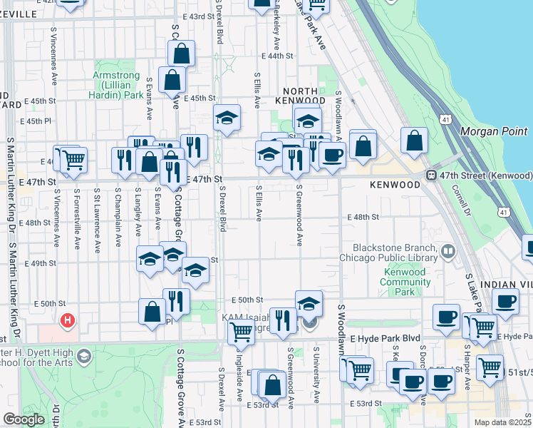 map of restaurants, bars, coffee shops, grocery stores, and more near 1000 East 48th Street in Chicago