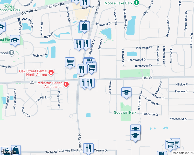 map of restaurants, bars, coffee shops, grocery stores, and more near 100 Acorn Drive in North Aurora