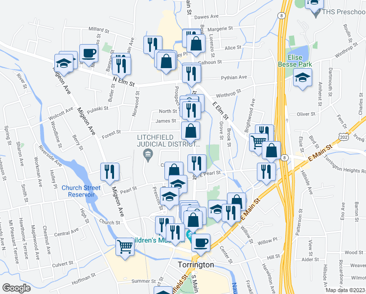 map of restaurants, bars, coffee shops, grocery stores, and more near 516 Prospect Street in Torrington