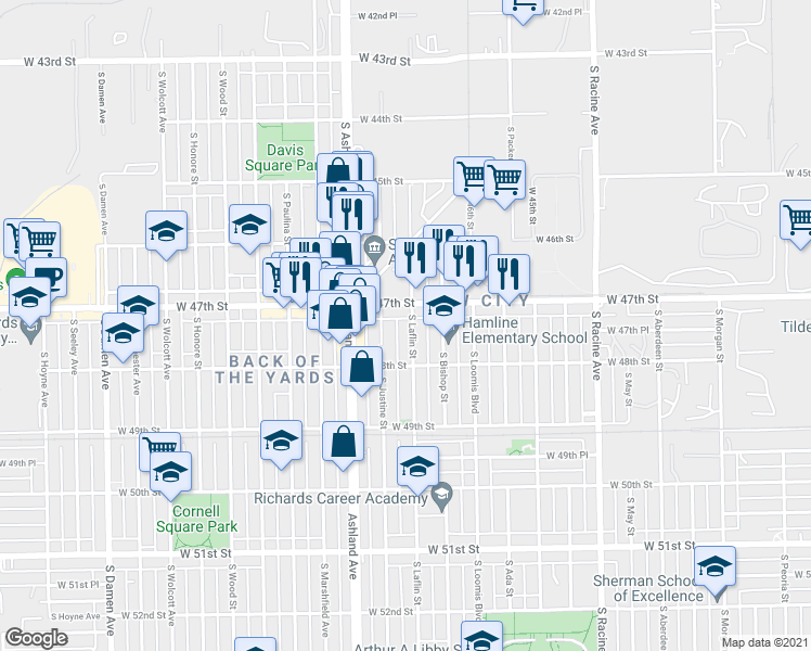 map of restaurants, bars, coffee shops, grocery stores, and more near 4720 South Laflin Street in Chicago