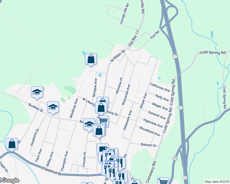 map of restaurants, bars, coffee shops, grocery stores, and more near 30 Winslow Place in Liberty
