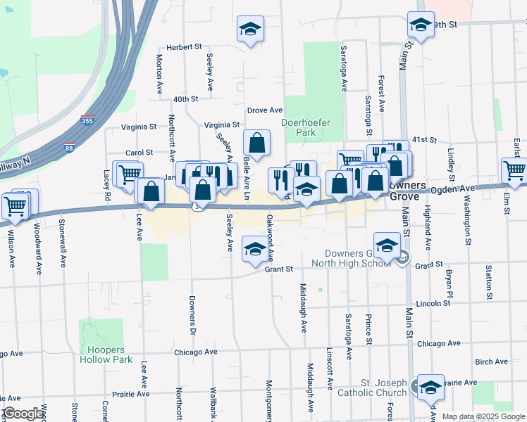 map of restaurants, bars, coffee shops, grocery stores, and more near 1407 U.S. 34 in Downers Grove
