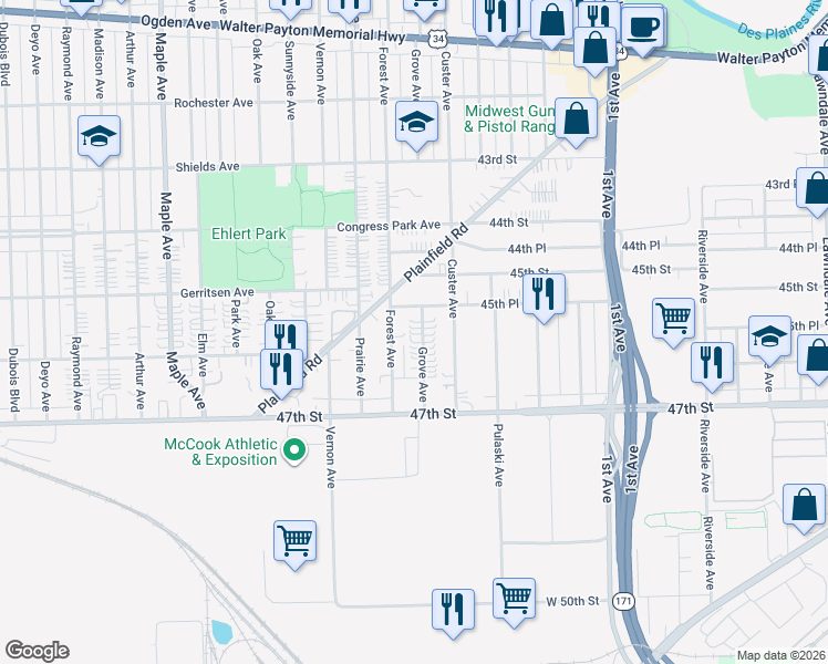 map of restaurants, bars, coffee shops, grocery stores, and more near 4514 Grove Avenue in Brookfield