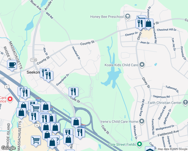 map of restaurants, bars, coffee shops, grocery stores, and more near 181 Forsythe Circle in Seekonk